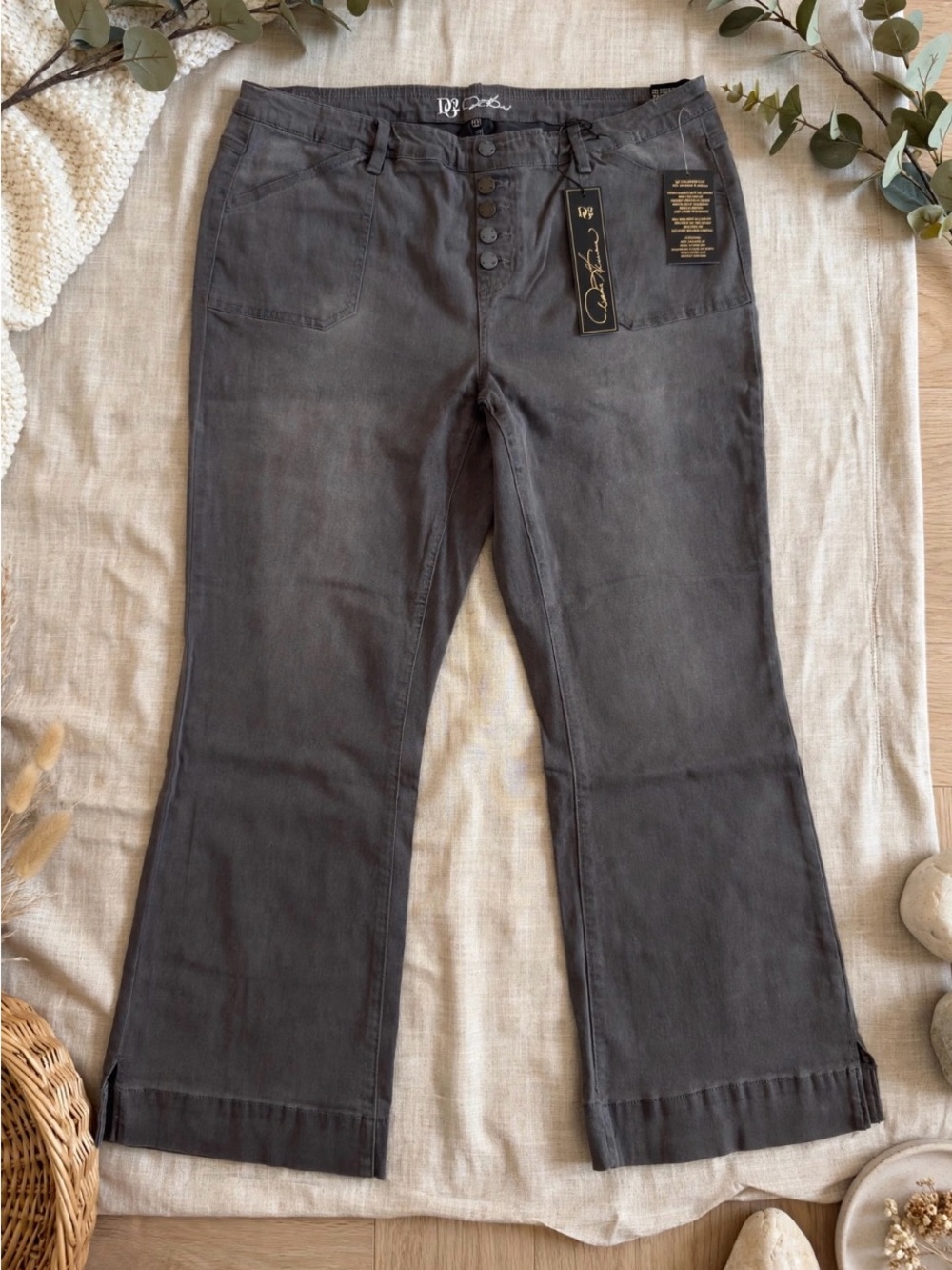DG2 by Diane Gilman Charcoal Wide Leg Button-Front Jeans